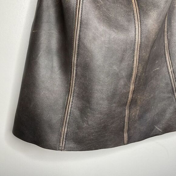 VEDA Leather Skirt Women 10 Brown Mini Distressed Side Zip Lined - Picture 9 of 11